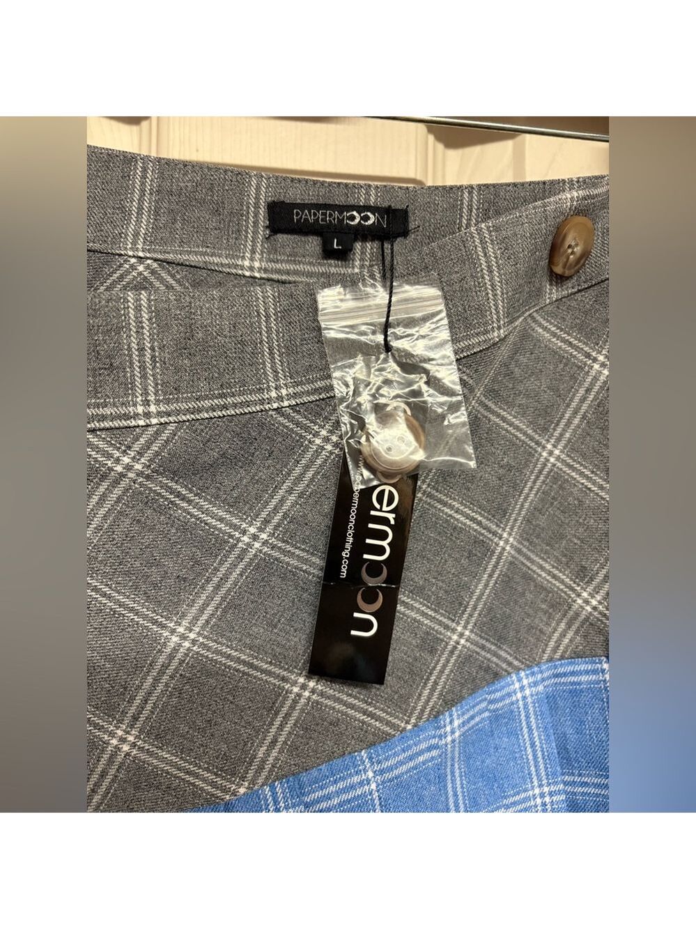 Papermoon women size L Large plaid pleated wrap skirt grey gray blue NEW NWT - Picture 2 of 10